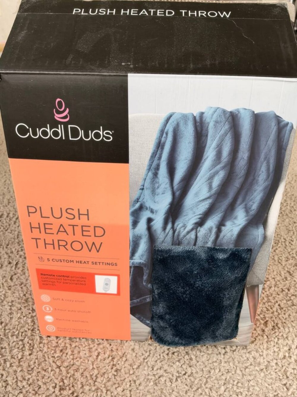 Cuddl Duds Plush Heated Throw Blanket Remote 3-Hr Auto Shutoff Blue 50x60